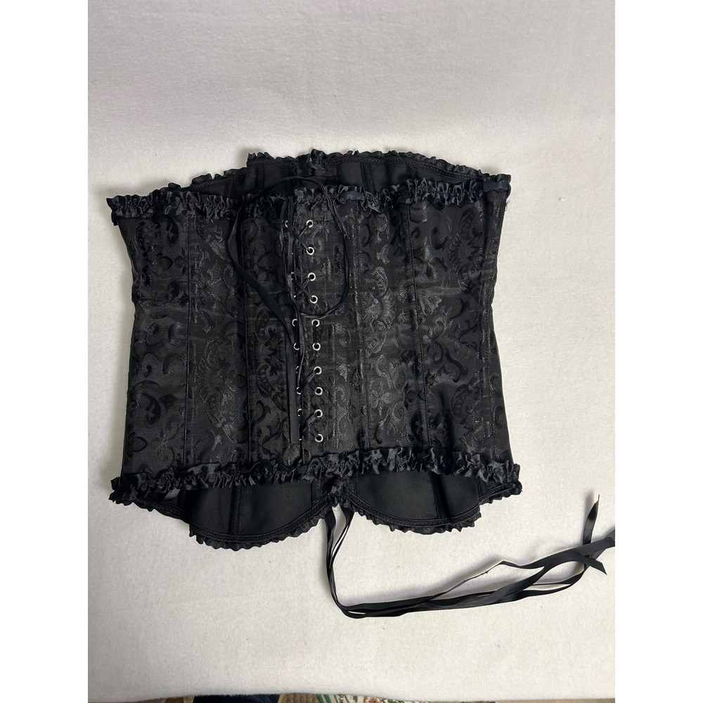 Gothic Victorian Regency Women XL Black Damask Ruffle Trim Lace‎ Up Corset Top